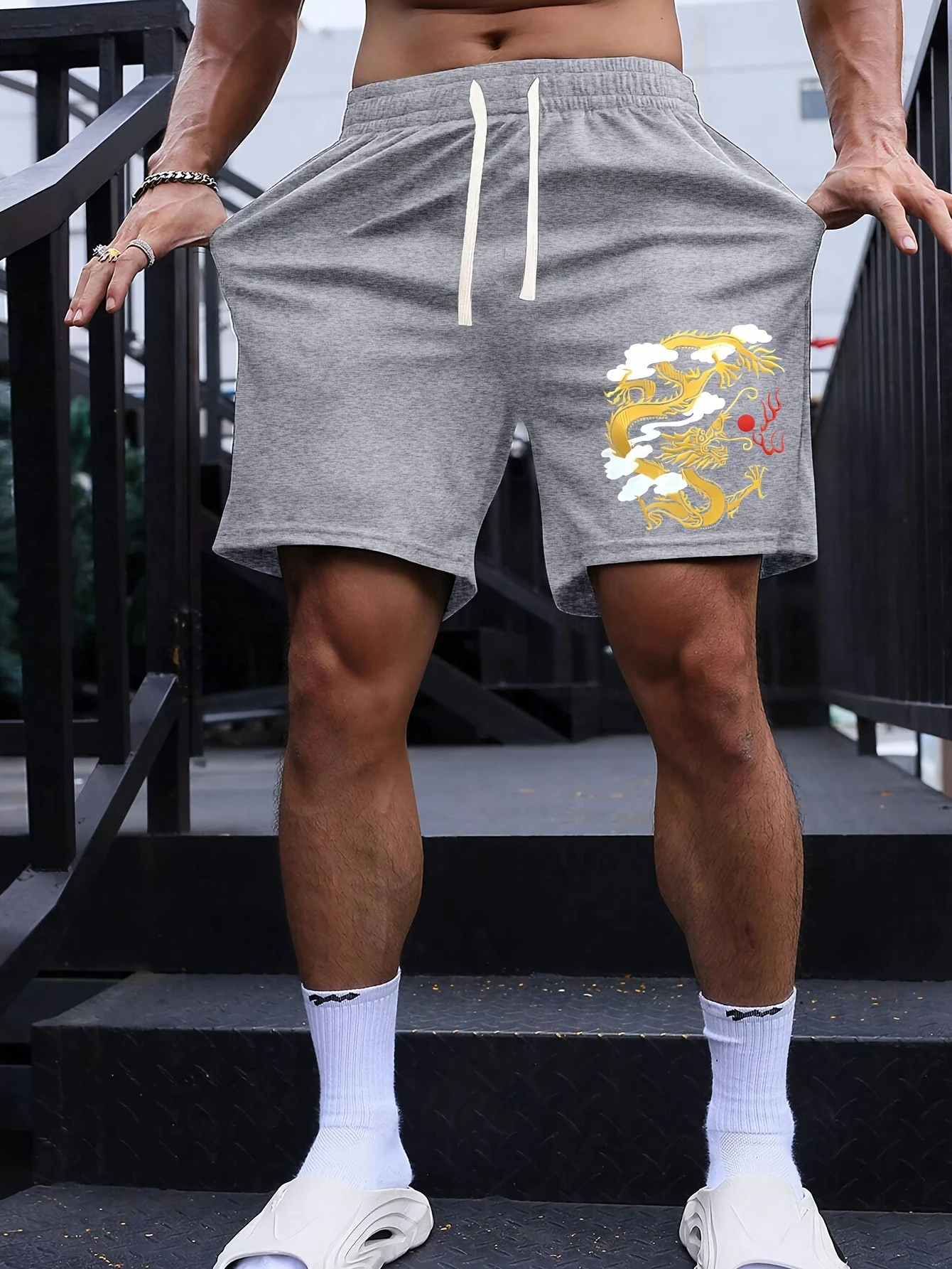 

Men's Summer Fashion Dragon Pattern Print Casual Shorts Loose Fit Elastic Waistband with Drawstring Suitable for Everyday Wear