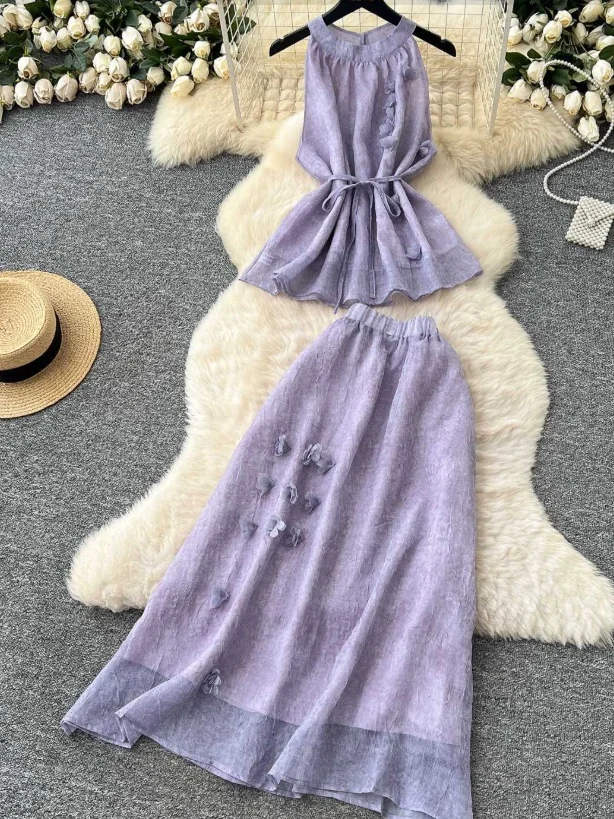

French Temperament Women Summer Atmosphere Three-dimensional Flower Halter Tie Waist Slim Top + High Waist Half Woman Skirt Set