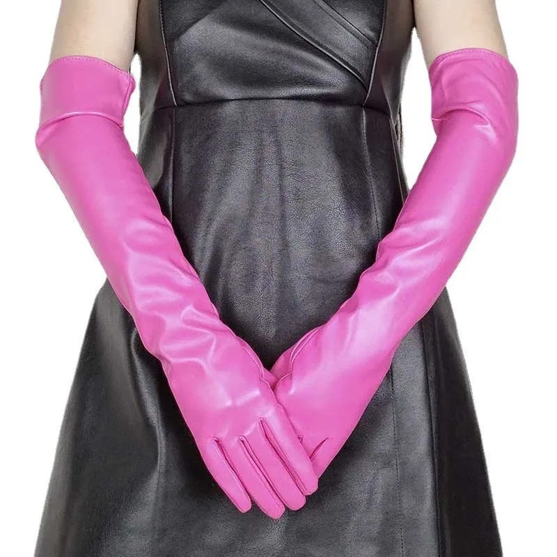 Sexy Leopard Touch Screen Gloves Winter Women PU Black 50cm Long Simulation Leather Thin Full Finger Warm Driving Mittens K52