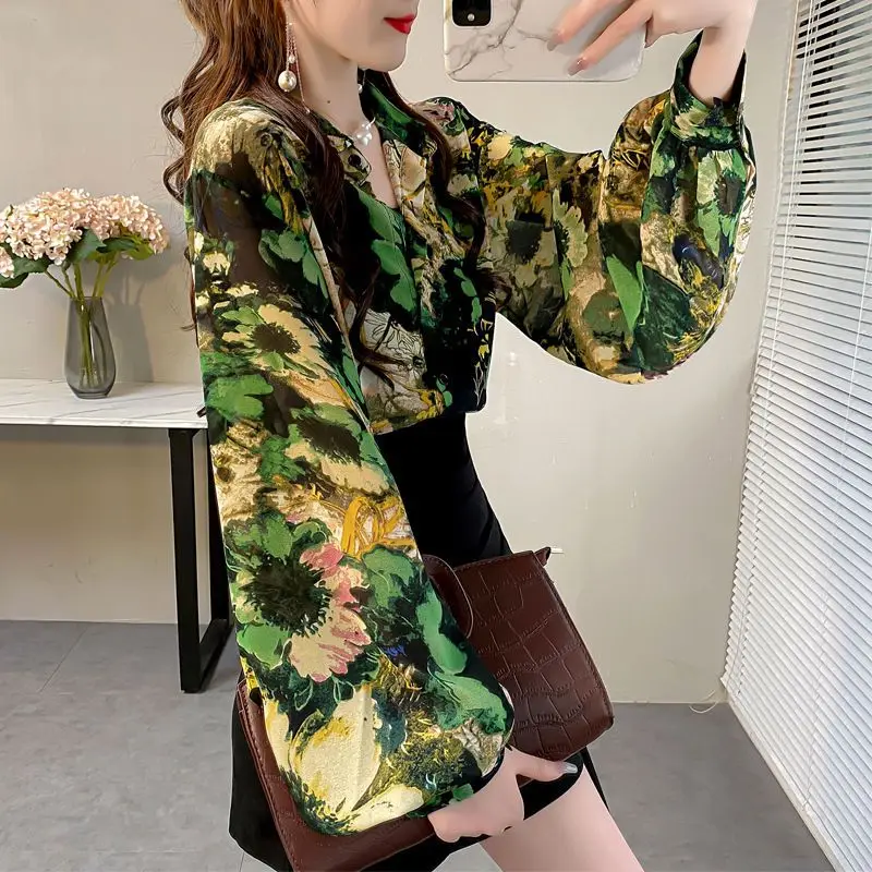 Printing Blouse Female Loose Lantern Sleeve Spring Autumn Women Clothing New Chiffon Top Tee Turn-down Collar Temperament Shirts