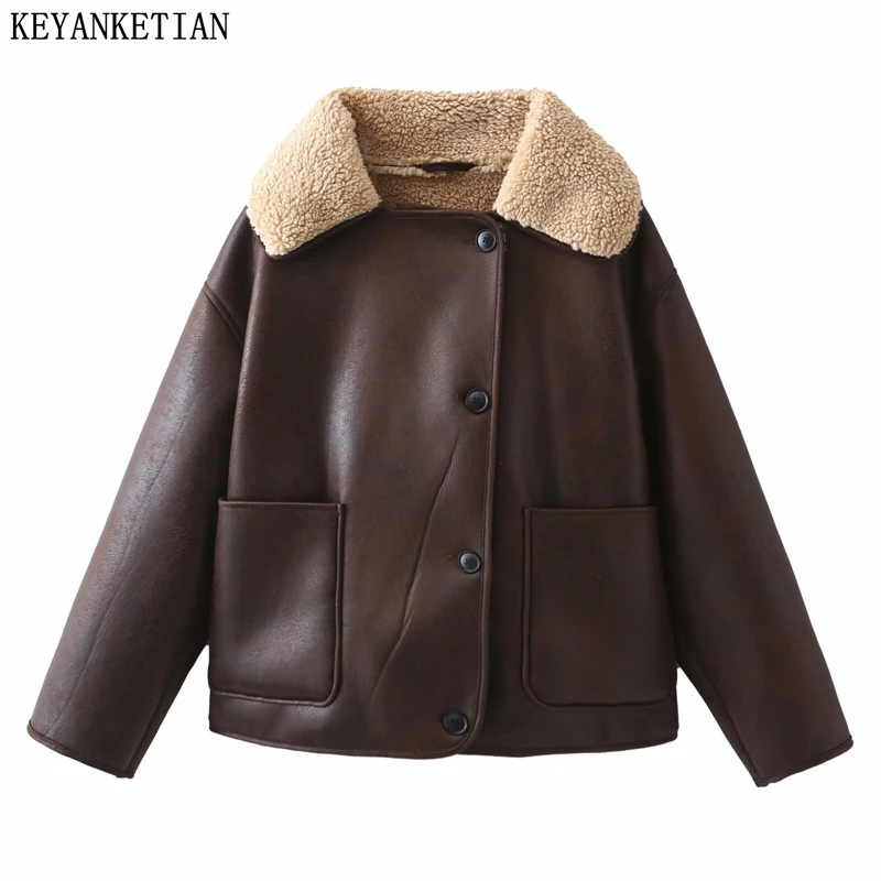 KEYANKETIAN Winter New Women Artificial Fur Collar Single Breasted Pocket Decoration Faux Leather Warm Jacket Women Thick Jacket