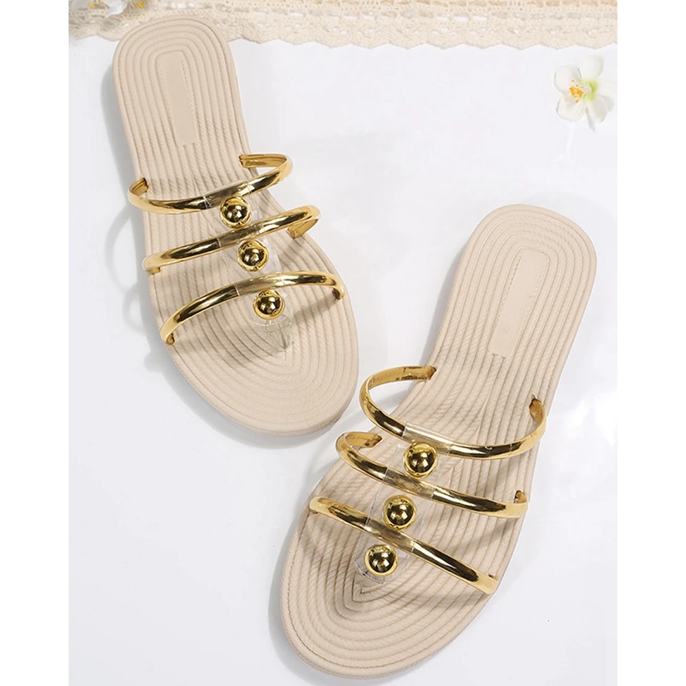 Outdoor Summer Multi-Strap Flats Flip Flops Slippers Fashion Casual Beaded Decor Beach Going Out Sandals Shoes