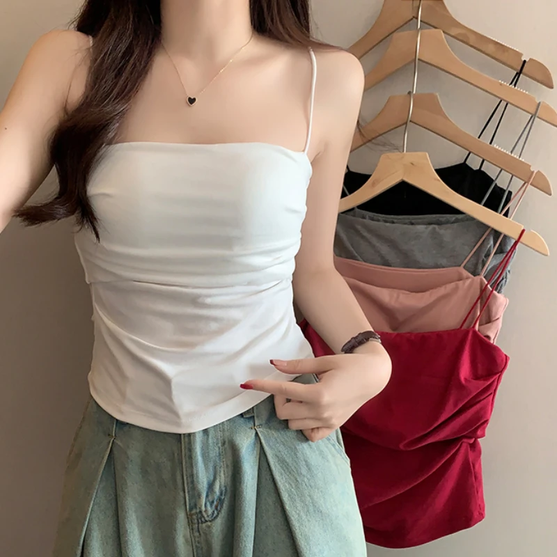 Women Spaghetti Strap Tops Solid Color Korean Summer Camis Sexy Red Bra Cropped Vest Sleeveless Shirt Slim Fit Streetwear Chic