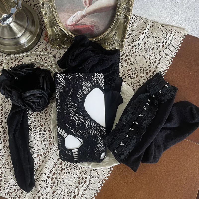 Gothic Dark Style Subculture Style Hollow Out Underwear Button Turn-Down Collar Mid-Calf Socks Lace Calf Stocking Women's Tights