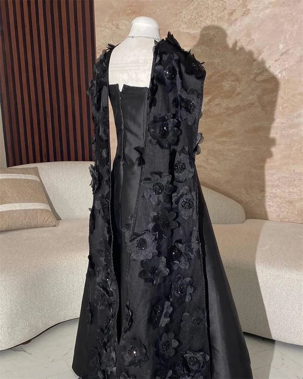 Cathy Black Satin  Wedding Dresses Detachable Shawl Mermaid vestidos de noche Elegant Sleeveless 3D Flowers Formal Evening 2024