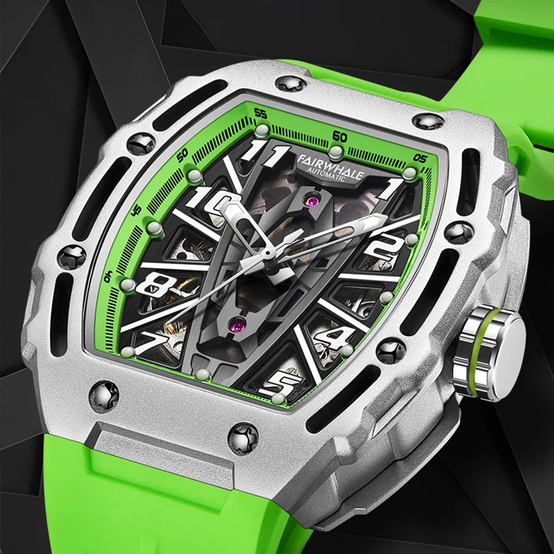 Nuovo orologio meccanico Mens Tonneau Shape Skeleton Tourbillon orologi automatici Fashion Green Silicone Strap Diver Mille Clock Man