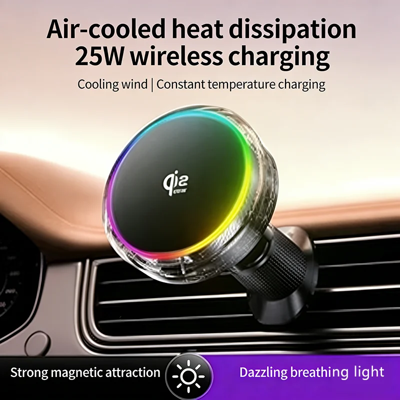 

Магнитное беспроводное автомобильное зарядное устройство-держатель для телефонов, совместимых с MagSafe, с быстрой зарядкой и RGB-подсветкой, крепление на воздуховод для iPhone 17 16