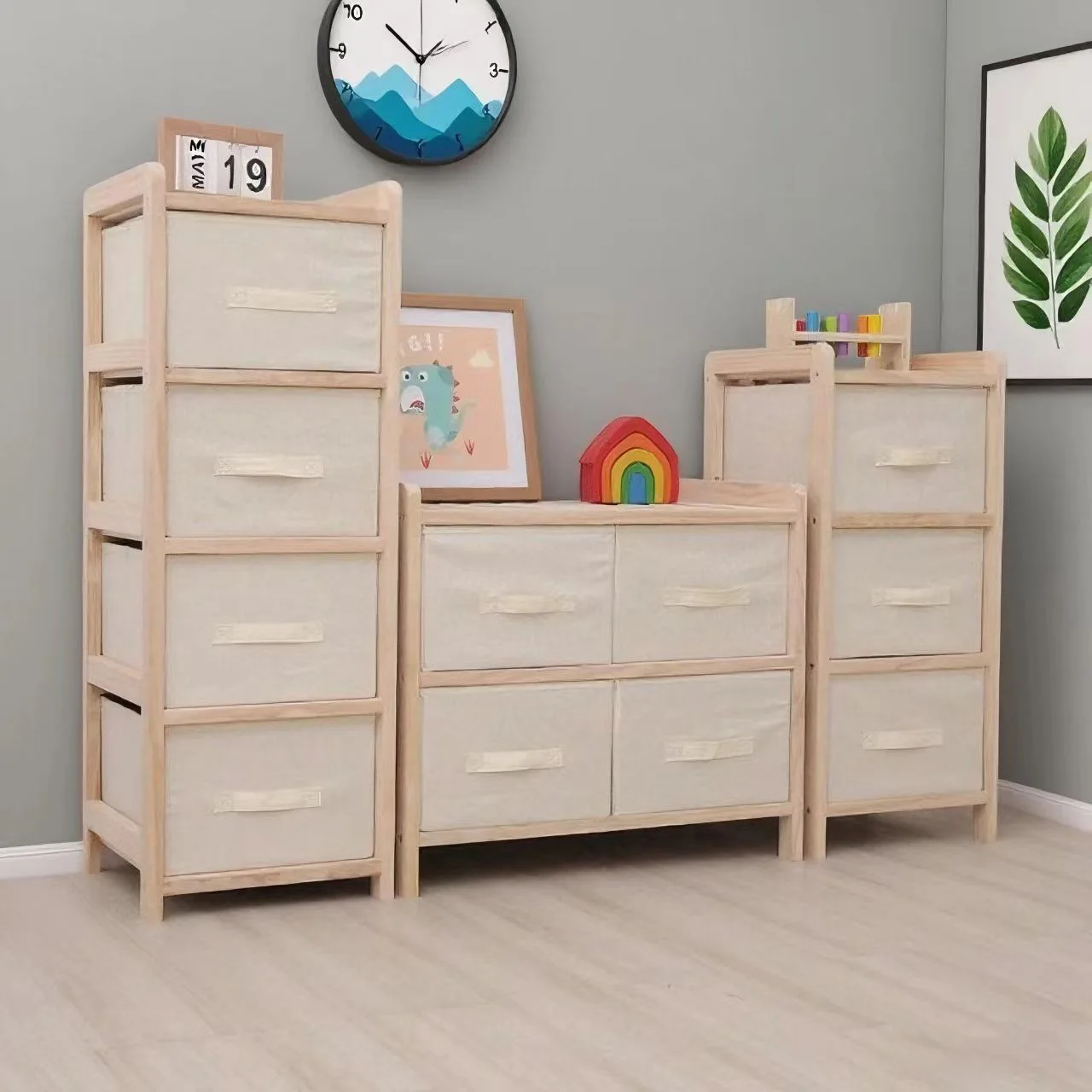 Multi-layer solid wood drawer type Oxford cloth locker classification storage rack living room sundries organizing cabinet