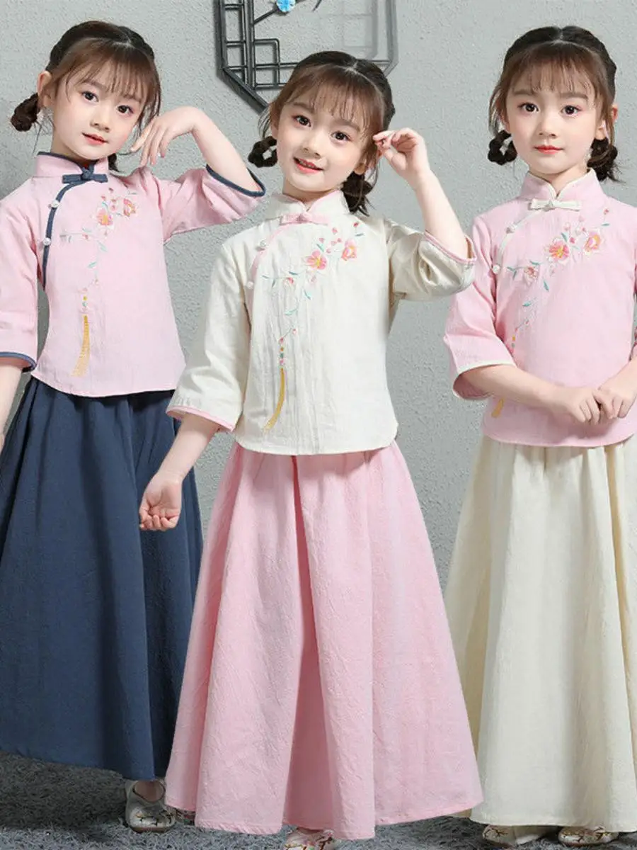 

Детский сценический костюм для девочек в ретро-стиле: топ с коротким рукавом и длинная юбка с широким подолом, хлопковая смесь