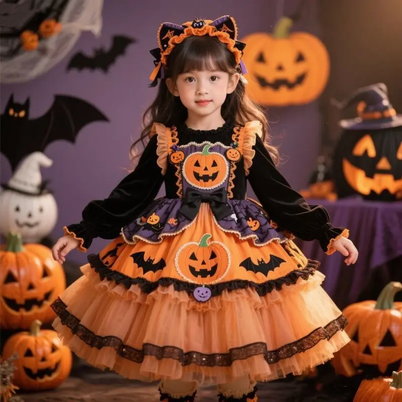 children's-lolita-cosplay-dress-2025-autumn-winter-new-little-girl-halloween-anime-pumpkin-princess-puffy-skirt-festival-gifts