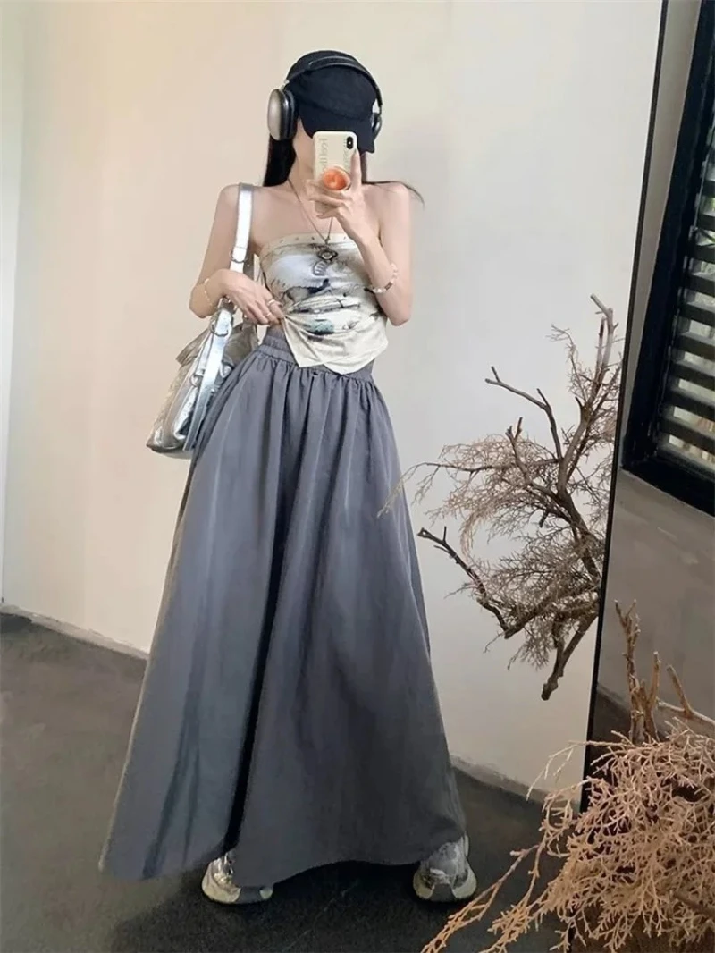 Women Summer Solid Color Loose High Waist Crotch Students A-line Long Skirt Office Ladies Workwear Half Length Skirts