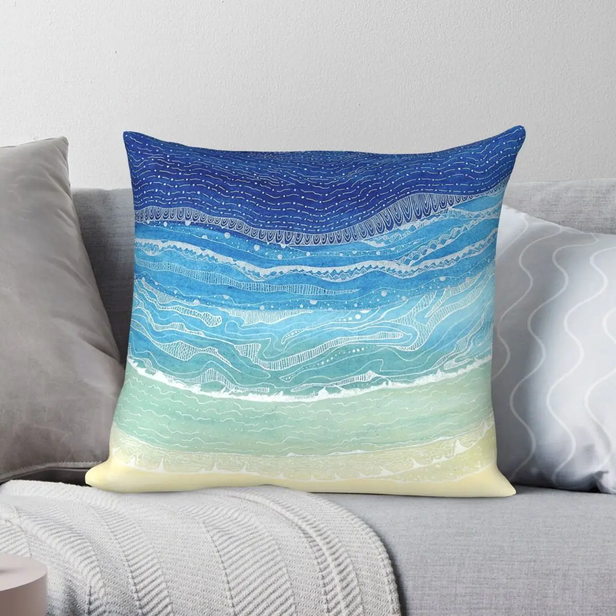 Beach Waves Blue Pillowcase Polyester Linen Velvet Pattern Zip Decorative Room Cushion Cover