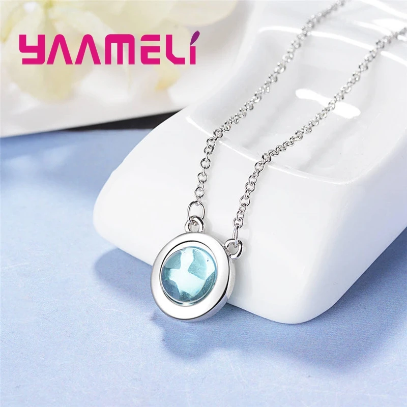 Minimalist Hot Sale Round Blue CZ Stone Sparkling 925 Sterling Silver Necklace For Loverly Woman Girls Trendy Festival Gift image 6