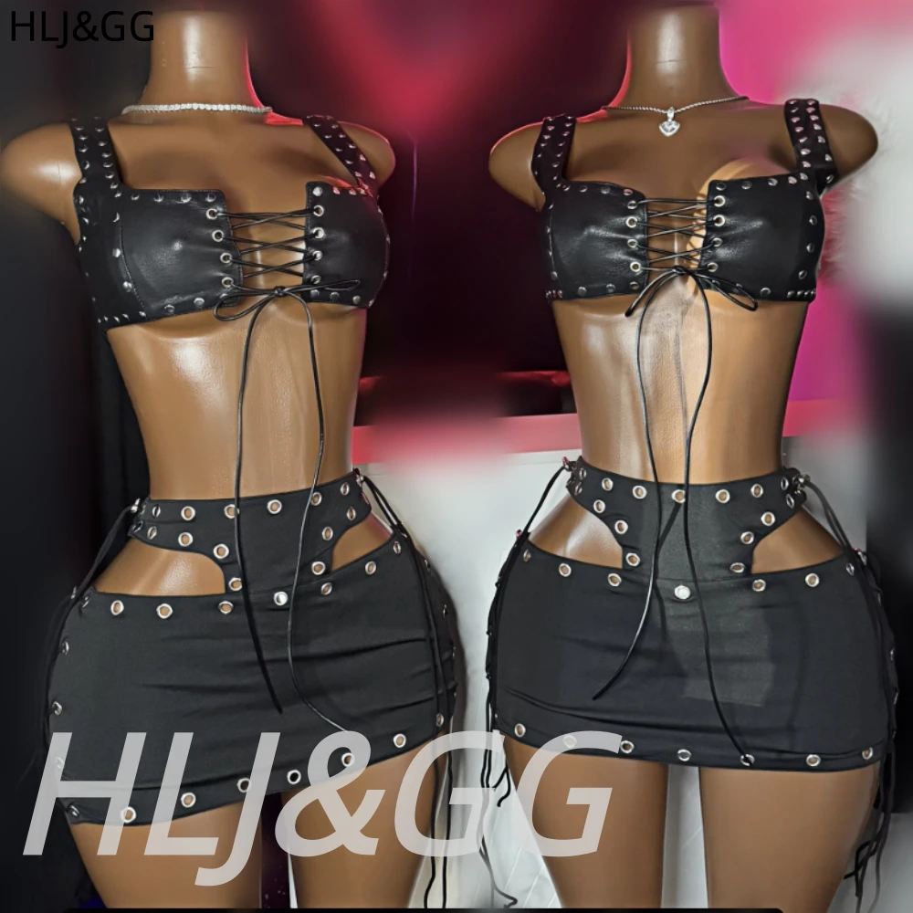 

HLJ&GG Black Sexy Leather Rivets Hollow Two Piece Sets Women Spaghetti Strap Bandage Crop Top And Mini Skirts Outfits Streetwear