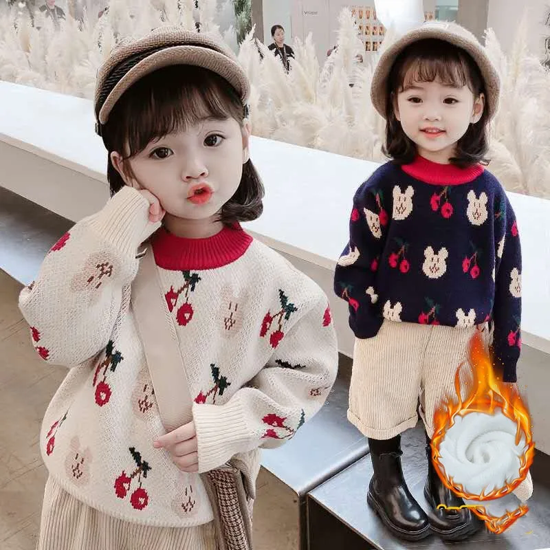 Autumn and Winter Girls' Pullover Round Neck Patchwork Printing Screw Thread Loose Fashion Casual Elegant Long Sleeve Sweater