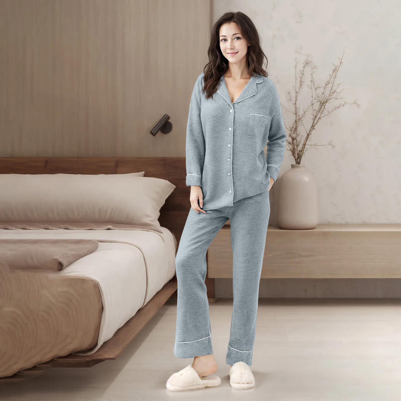 

Women Pajamas Sleepwear Nightclothes Black Champagne L Xl Long Sleeved Shirt And Trousers Solid Color Casual Smooth Sets