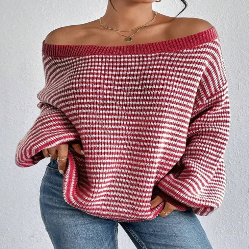 

One neck off shoulder knit sweater with contrasting stripes and lantern sleeves for autumn and winter in Europe and America