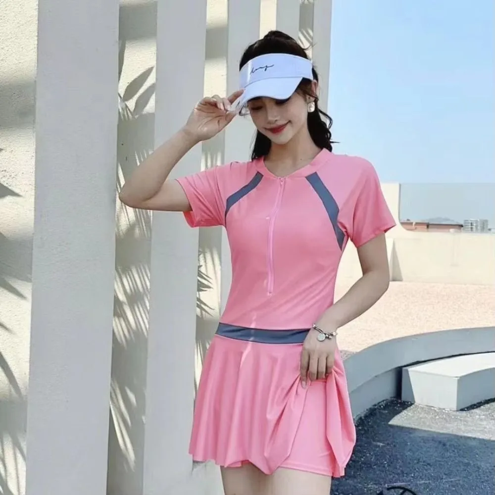 

Solid Color Long Sleeve Zipper Skirt Swimsuit with Padded Ins Hot Spring Swimwear Korean Style Sporty Style