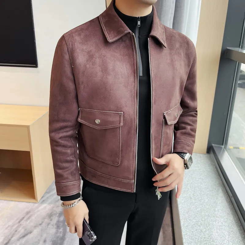 Trendy Jacket Men's New Lapel Coat Solid Color Casual Large Pocket Zipper Jacket Autumn And Winter 2025 Suede Motorcykle Jacket