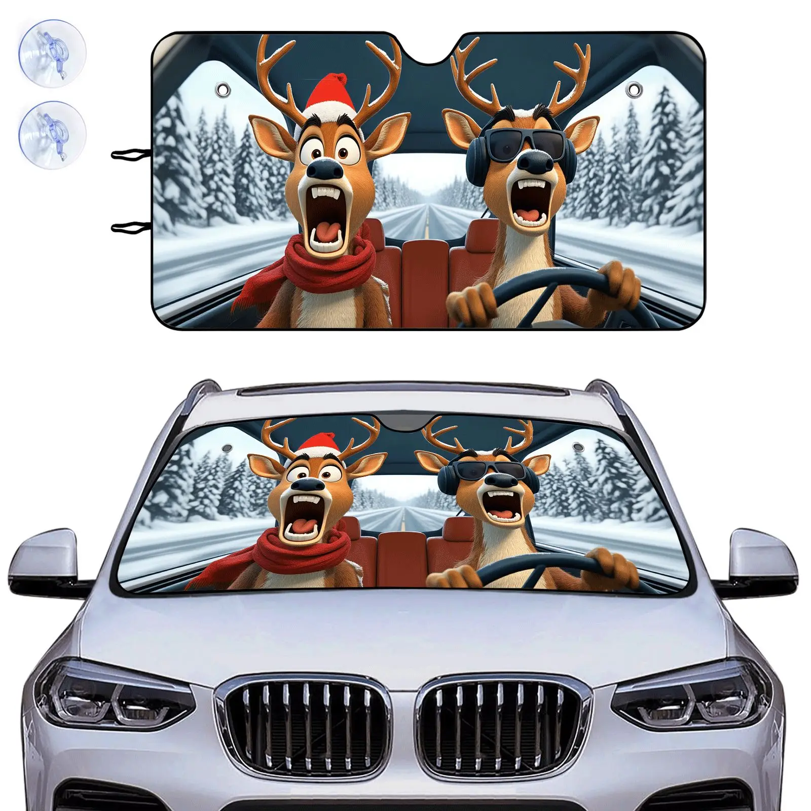 Car Sunshade Front Windshield Black Cartoon Reindeer Christmas Theme | Universally Applicable, Aluminum Material, Winter Season,