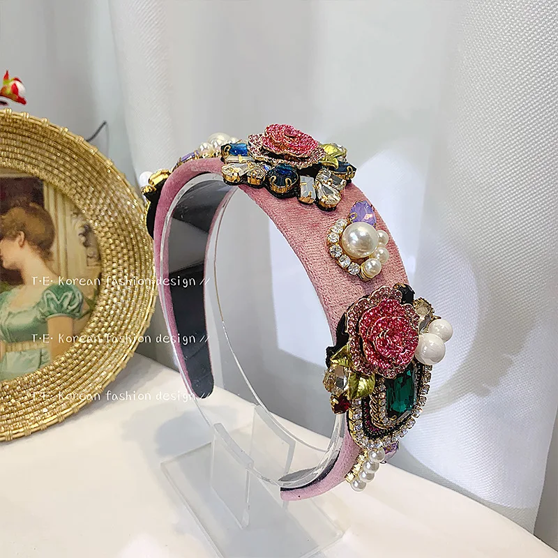 Baroque Romantic Pink Diamond Flower Sparkling Headband Crown Head Wrap Fashion Show Clothing Head Band Bridals Headwear Jewelry