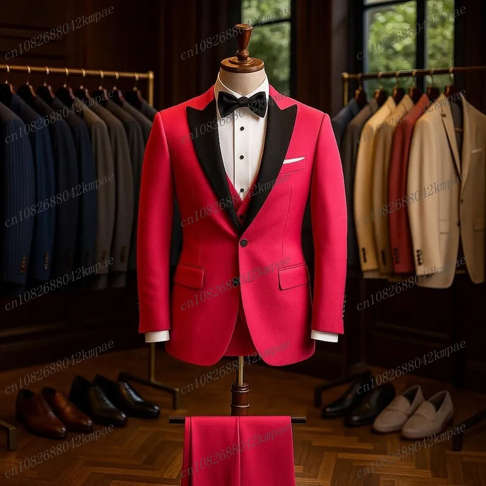 

Black Collar And Rose Red Formal Men Suit Groom Groomsman Wedding Party Prom Business Male Tuxedos 3 Piece Set Blazer Vest Pants
