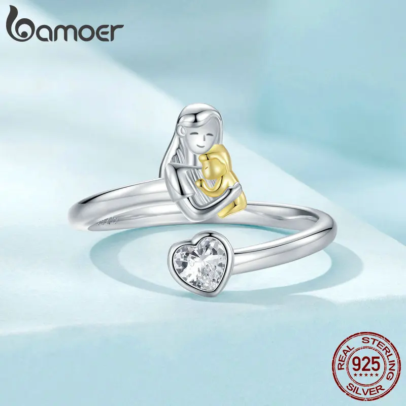 Bamoer 100% 925 Sterling Silver Mother and Son Adjustable Open Ring For Women Fine Jewelry Mother's Day Gift Accessories DIY