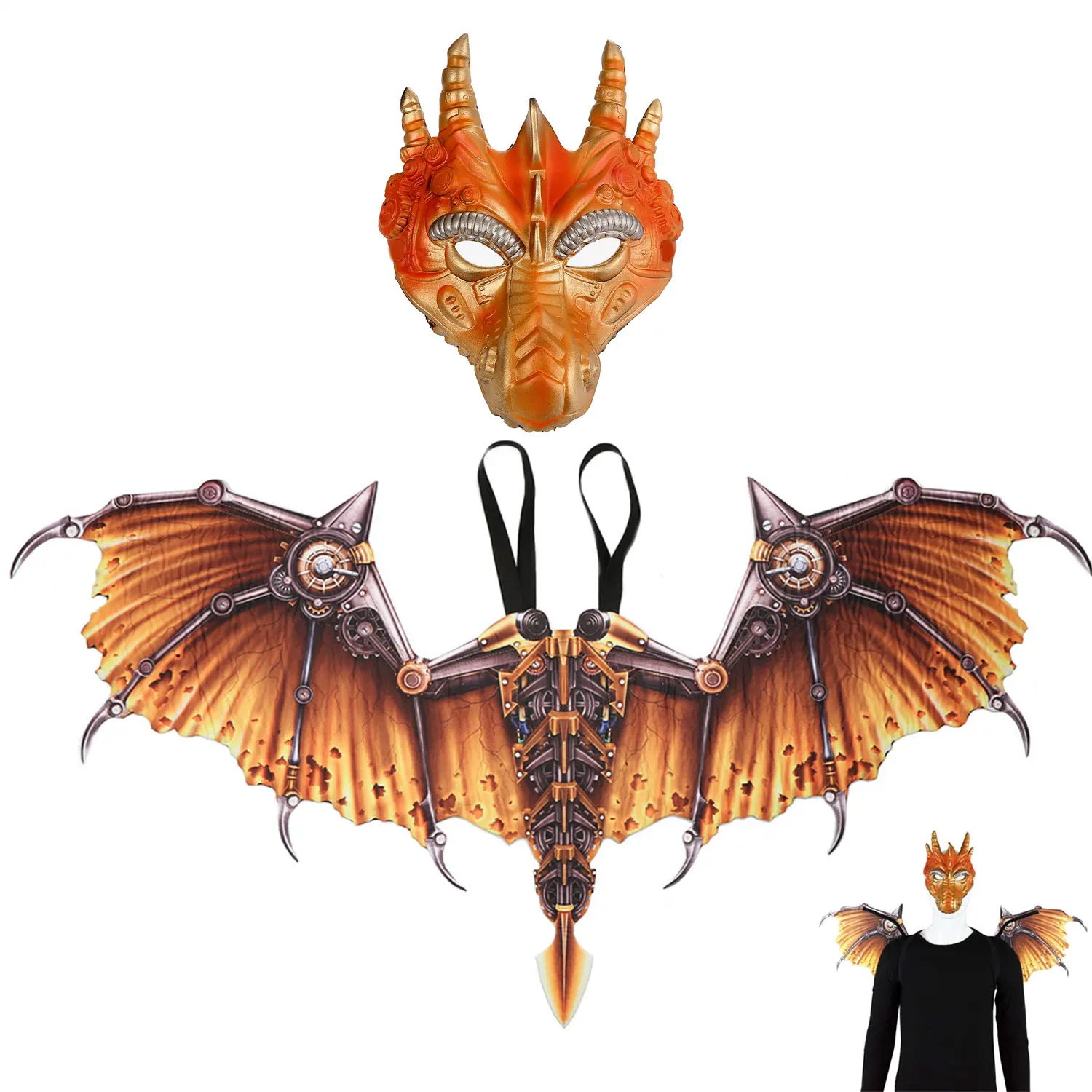 

Adult Masquerade Steampunk Dragon Mask Wing Halloween Costume Mechanic Accessories Wings Dragon Mask Set Carnival Party Props