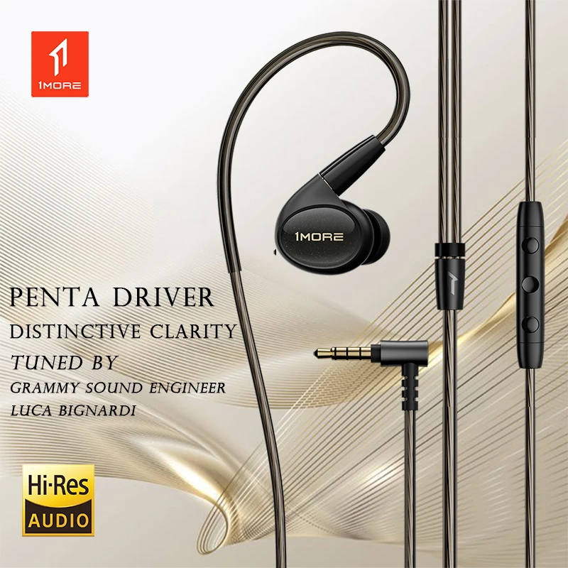 1MORE Penta Driver Headphones In-Line Controls With Mic OFC Wire IEM In-Ear Headsets For Xiaomi Gamer Free Shipping  P50 Wired