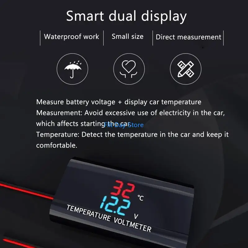 F92C 0.28 นิ้วความดันคู่การแสดงแรงดันไฟฟ้ากันน้ำสำหรับเทอร์โมมิเตอร์ 12V โวลต์มิเตอร์