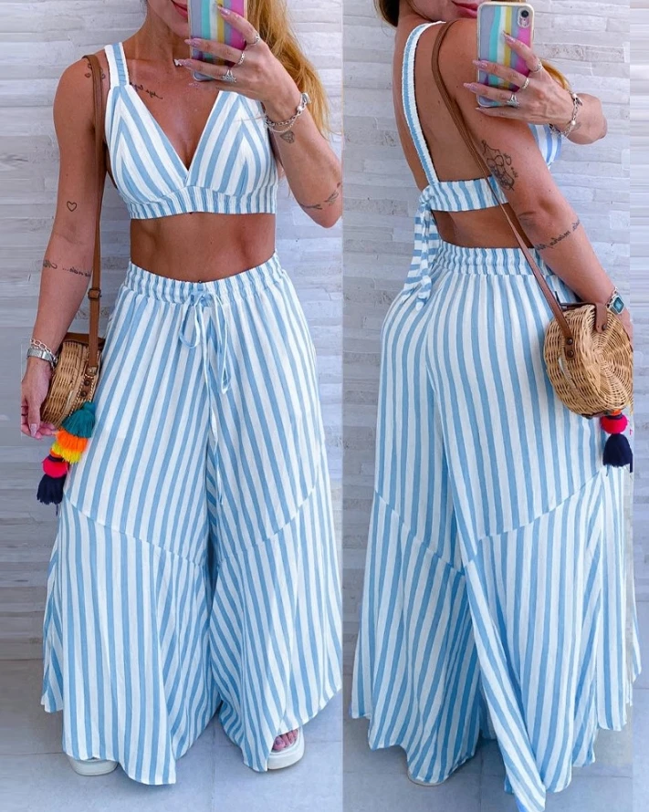 

Women's Casual Suit 2024 Spring/summer Latest Fashion V-Neck Sleeveless Striped Crop Vest Top&drawstring Wide Leg Pants Set