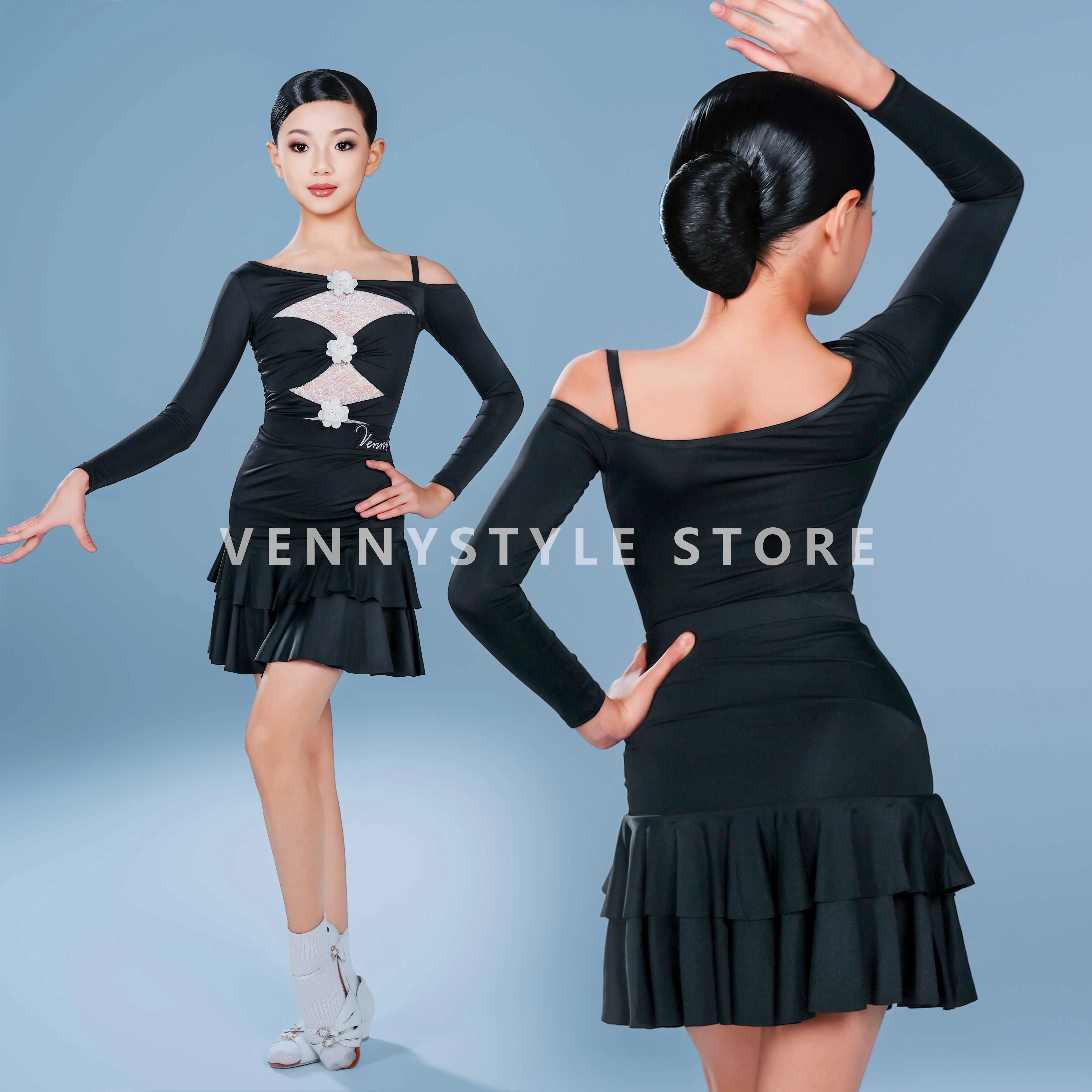 

Venny Style Latin Dance Wear Spring Practice Set: Long Sleeve Floral Accents Separates, Premium New Training Costume