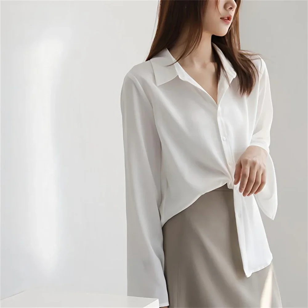 Vrouwen chiffon blouse mode effen lange flare mouw kantoor dame werk vintage tops shirts wit overhemd elegante vrouwelijke kleding