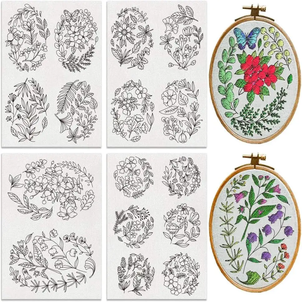 4-Blatt-Stabilisator-Set mit Blumenstickerei – wasserlösliche, selbstklebende Rückseite für DIY-Handnähprojekte