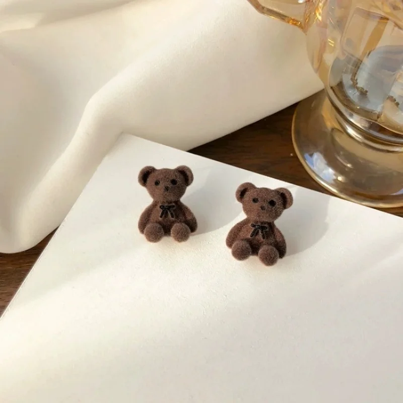 

2025 Fashion Lovely Flocking Bear Stud Earrings for Women Girl Korean Cute Animal Small Bear Earrings Birthday Jewelry Gifts