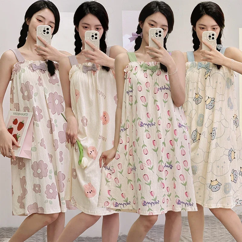 2024 Summer Sexy Lingerie Spaghetti Strap Cotton Print Nightgowns for Women Korean Cute Sleepwear Nightdress Night Dress Nighty