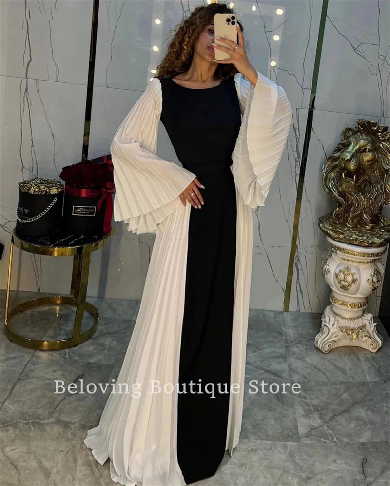 Luxury Beach Formal Evening Dresses Pleated Flare Sleeves Solid O-Neck Prom Dress Dubai Bridesmaid Occasional Party Gowns Robes