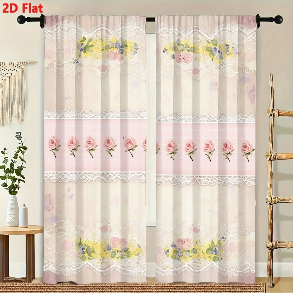 2Pcs Curtains 2D Flat Vintage Style Pastel Floral Decorative Wallpaper With Lace Trim And Pink Roses Window Drapes for Bedroom R 3