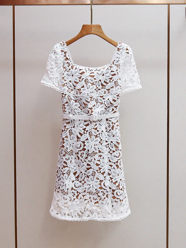 Lace Hollow Out Women Dress Short Sleeve Square Collar Slim Sweet Summer 2024 Mini Robe