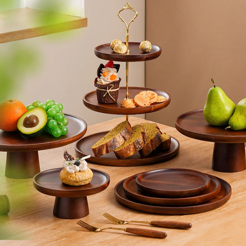 Retro Acacia Wood  Tray for Cake Snacks Desserts or Fruits Round Display Stand Disposable for Weddings or Parties