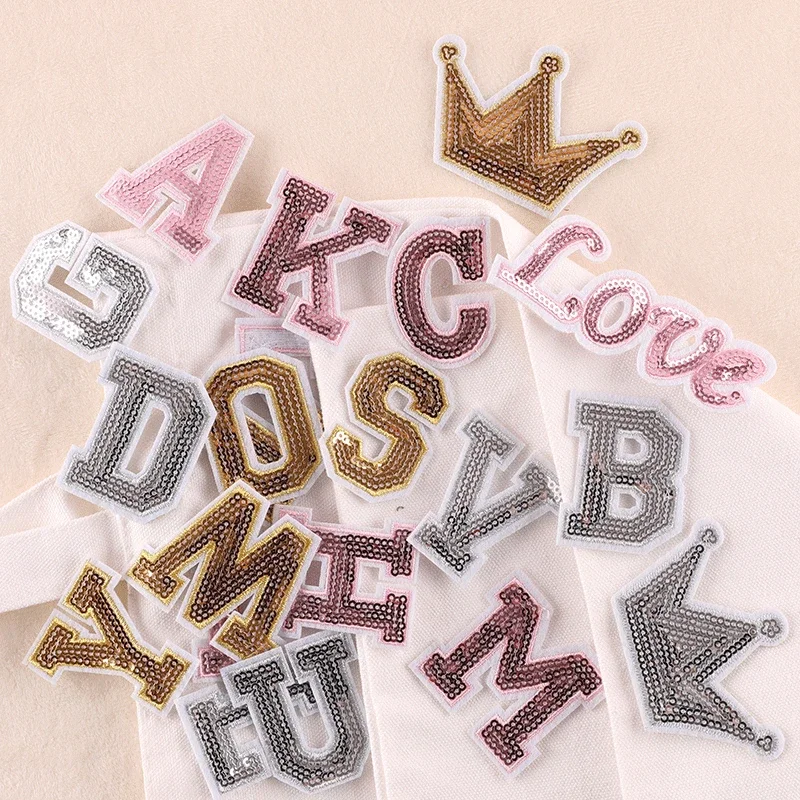 Golden Sequins Embroidery Patches 26 Capital English Letters Iron on Alphabet Appliques Thermo Adhesive Love Crown Sparkle Patch