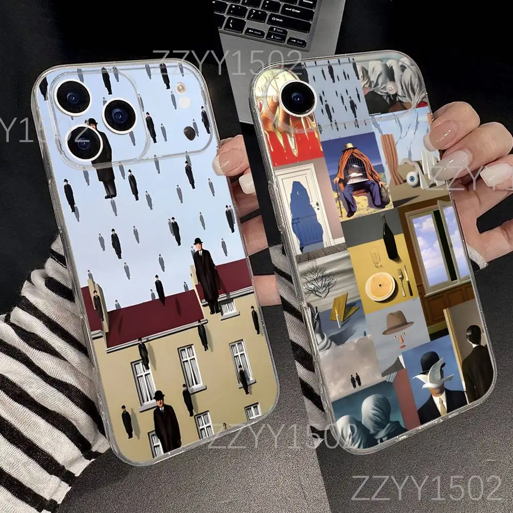 R-rené magritte arte para iphone 17,16,15,14,13,12,11 pro, max, plus, x,xs, xr, se4, e mini transparente macio moda impressão caso de telefone