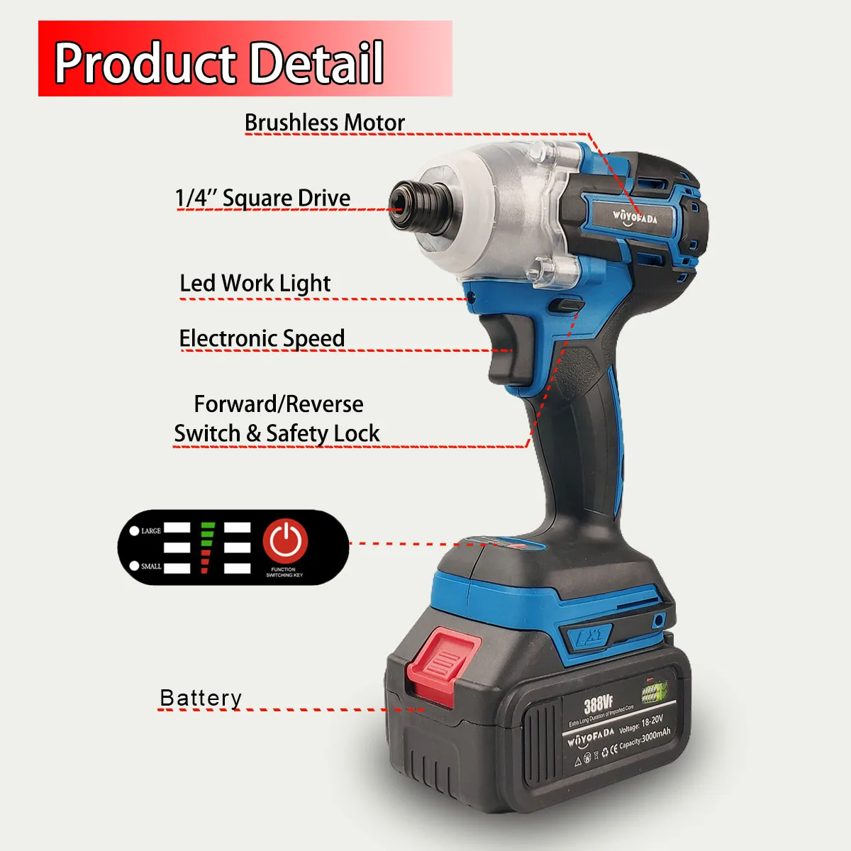 WOYOFADA-destornillador eléctrico inalámbrico de 18V, llave de impacto sin escobillas, recargable, luz LED para batería Makita