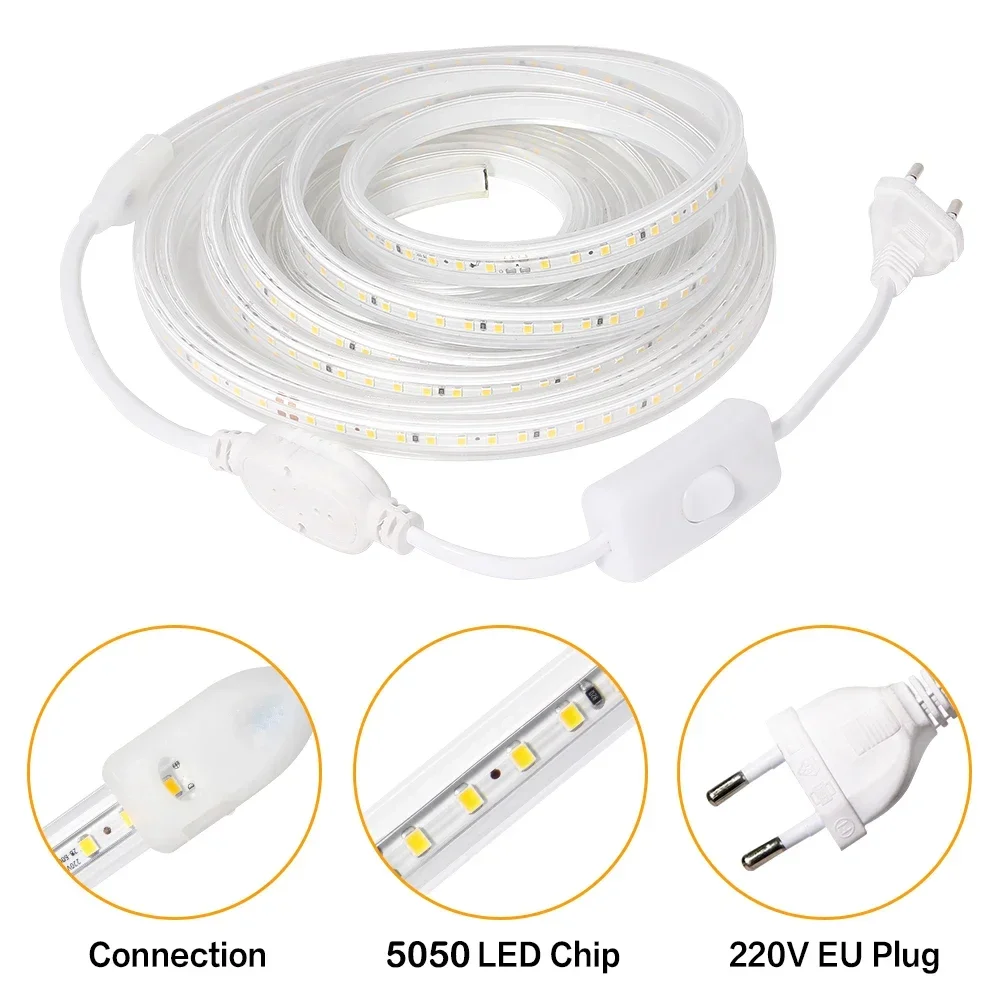 Bande lumineuse LED flexible avec interrupteur EU Plug, lampe d'extérieur étanche, haute luminosité, rétroéclairage de cuisine, décoration d'intérieur, 220V