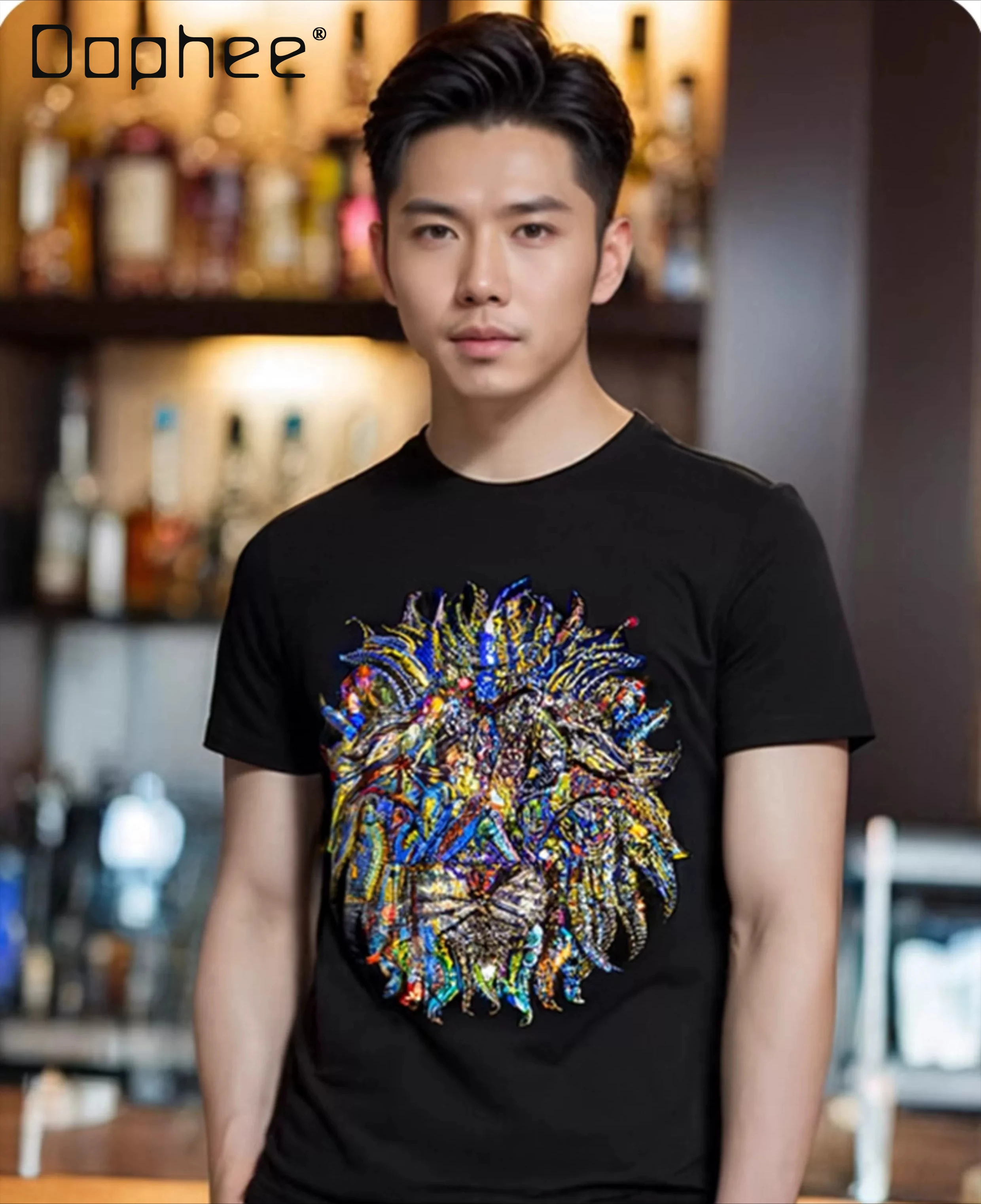 

2026 Summer New Men's Colorful Lion Head Rhinestone Black White Round Neck Short Sleeve Casual Streetwear T-Shirt