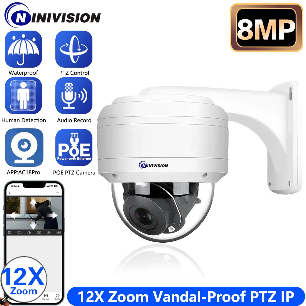 8MP 4K 5MP 12X Zoom POE IP PTZ Camera Motor Dome Built-in Microphone Audio Outdoor Security Camera IR 100m Security Protectio