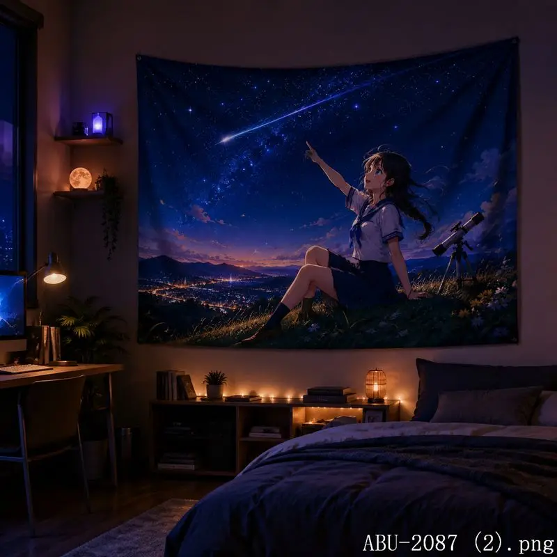 VIKAMA Cherry Blossom Moon Anime Girl Tapestry, Nature Scenery Aesthetic Wall Hanging, Decor for Teen Dorm Bedroom