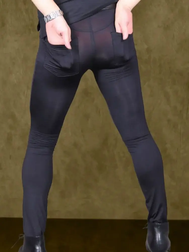 

M-3XL высокоэластичные джинсы из ледяного шелка, брюки-карандаш, колготки, мужские леггинсы, прозрачные сексуальные брюки, брюки, брюки для бега, клубная одежда