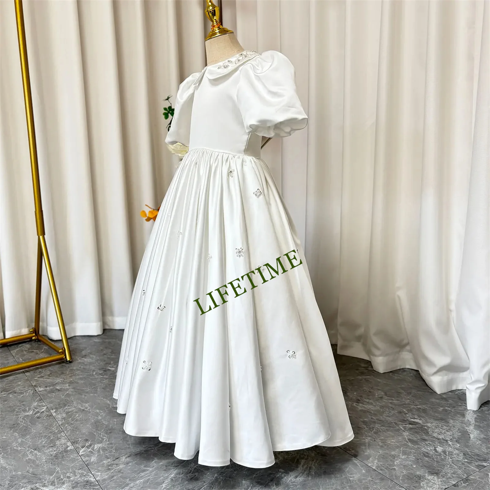 반짝이는 실버 무릎 길이 소녀 드레스 긴 소매 공주 어린이 생일 웨딩 파티 미인 대회 공 가운