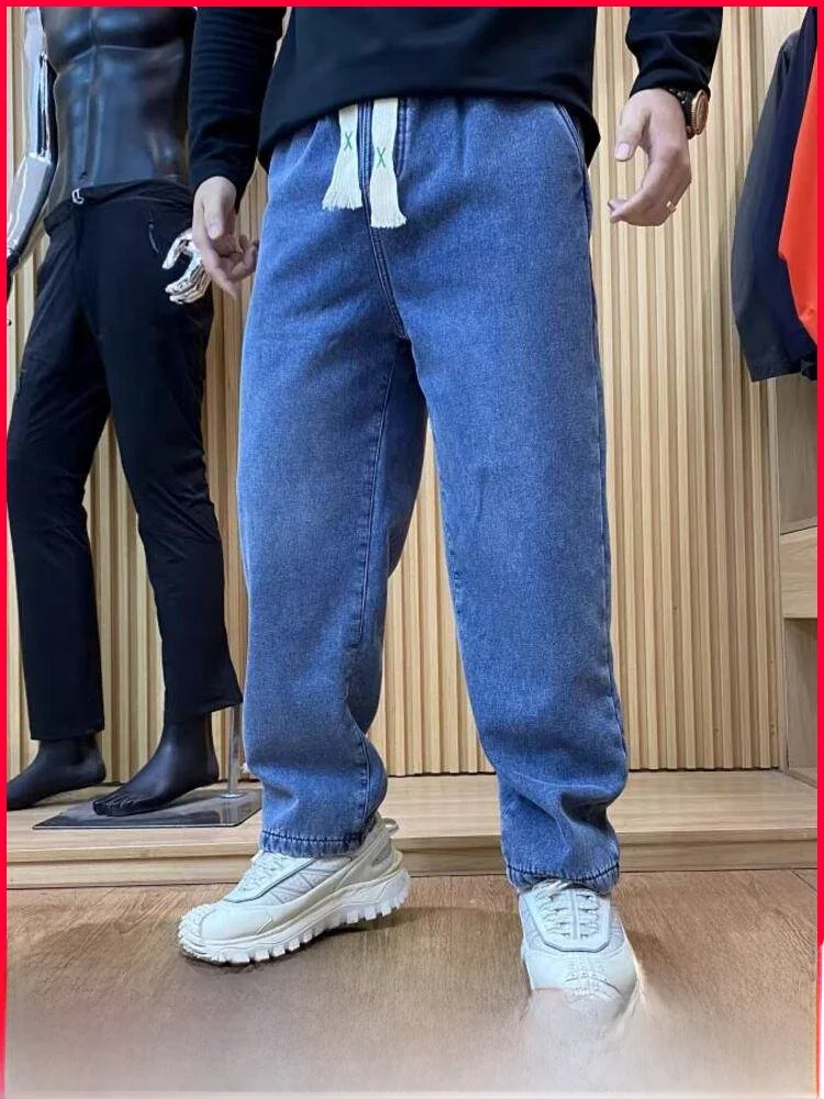 

Мужские джинсы прямого кроя в стиле ретро с флисовой подкладкой, на резинке, комфортные, теплые, зимние, из смесового хлопка и полиэстера